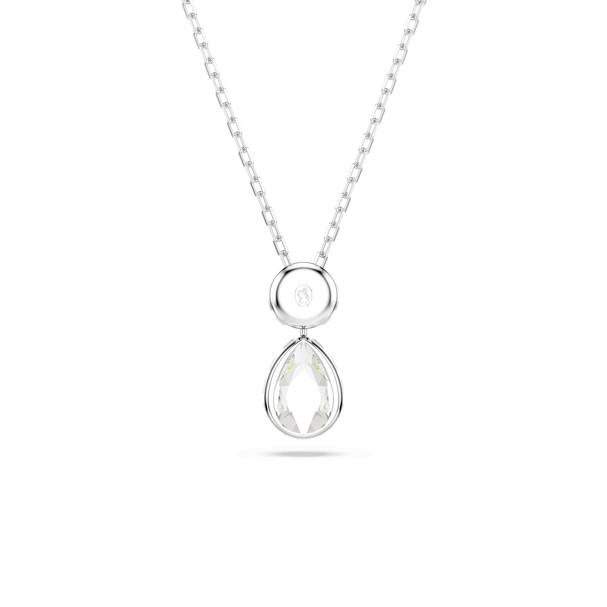 A delicate rhodium-plated Swarovski Chroma pendant necklace featuring mixed-cut, multicolored crystals and a circular charm, displayed on a white background.