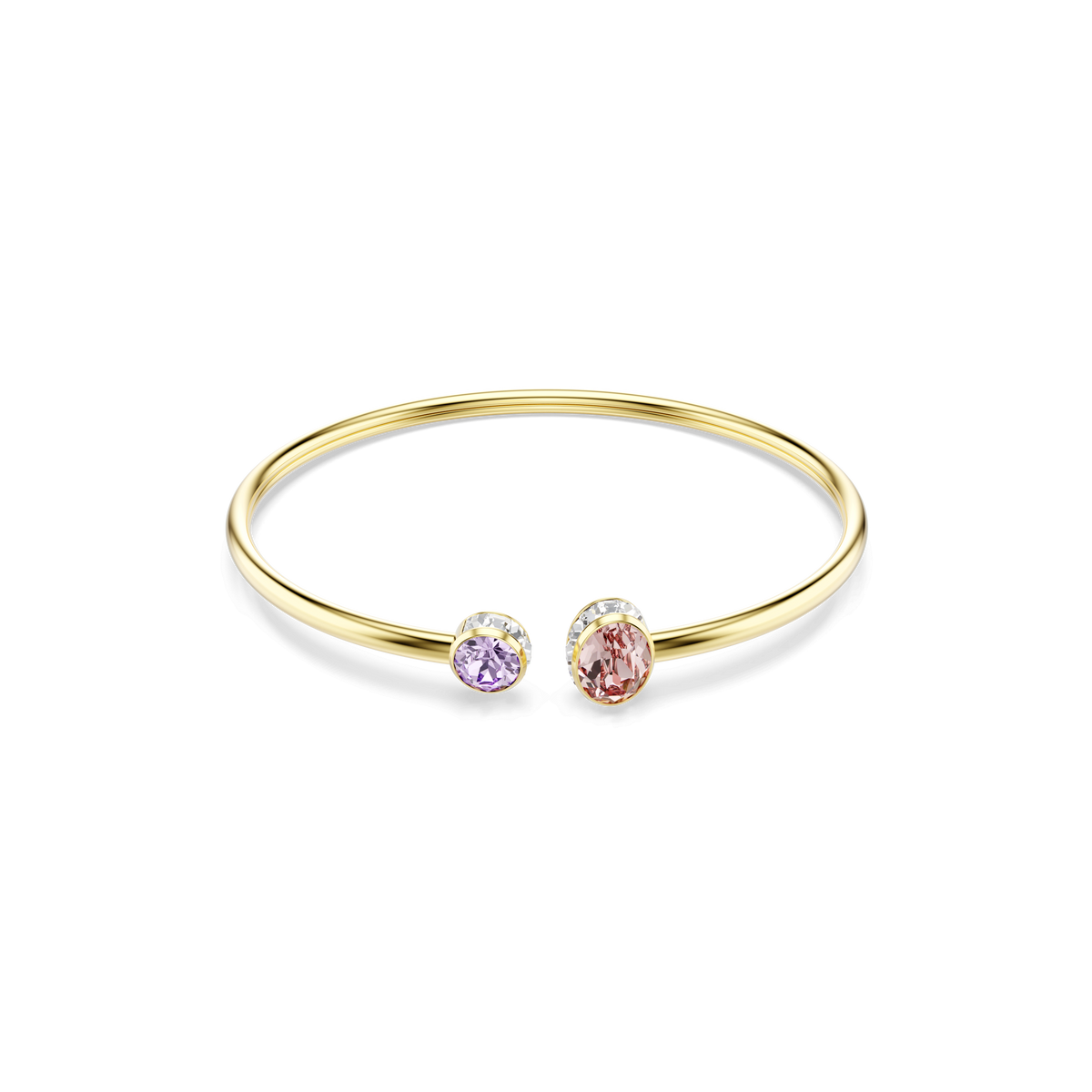 The Swarovski Chroma bangle is an elegant bracelet with a refined 18K gold finish, featuring mixed-cut multicolored crystals in pink and purple tones set in simple prong settings at each open end, beautifully displayed on a plain white background.