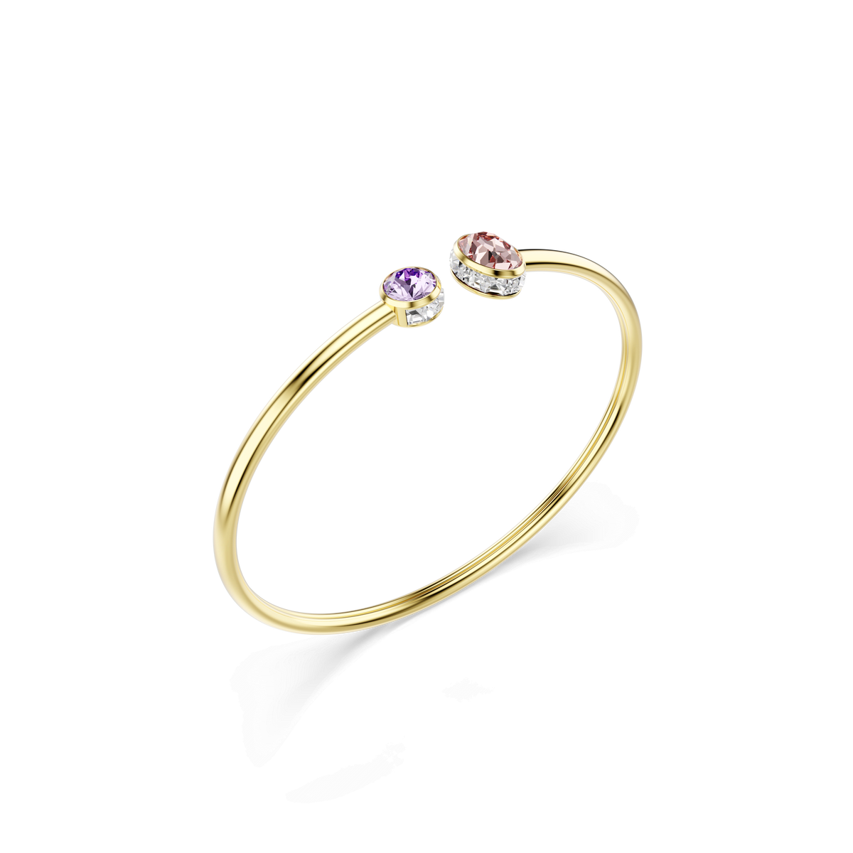 The Swarovski Chroma bangle features a slim, modern silhouette with an elegant 18K gold finish. This exquisite bracelet showcases mixed-cut, multicolored crystals—one pink and one purple—each set in a bezel adorned with delicate clear accents at both ends. Presented on a plain white background, this design epitomizes Swarovski’s signature blend of sophistication and contemporary style.