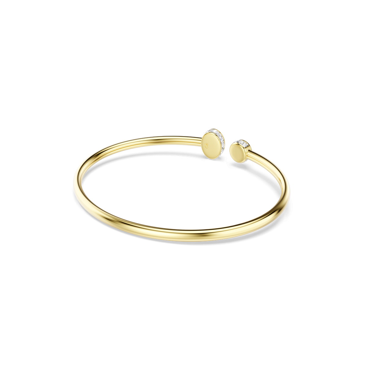 The Swarovski Chroma bangle, crafted with an 18K gold finish, showcases mixed-cut crystals in multicolored hues—one round end shimmering with delicate clear gemstones, the other adorned with sparkling pink and purple crystals—set against a plain white background.