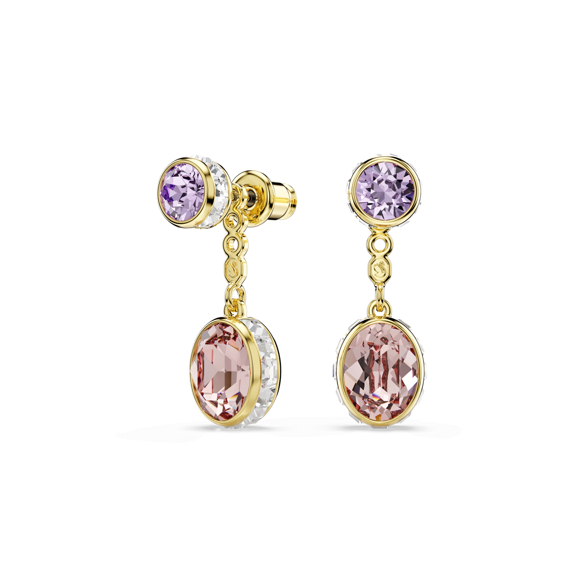 Discover the Swarovski Chroma drop earrings, an exquisite pair of multicolored mixed-cut earrings with an 18K gold finish. These elegant accessories showcase small round purple and larger oval pink crystals accented by sparkling clear stones around the settings.