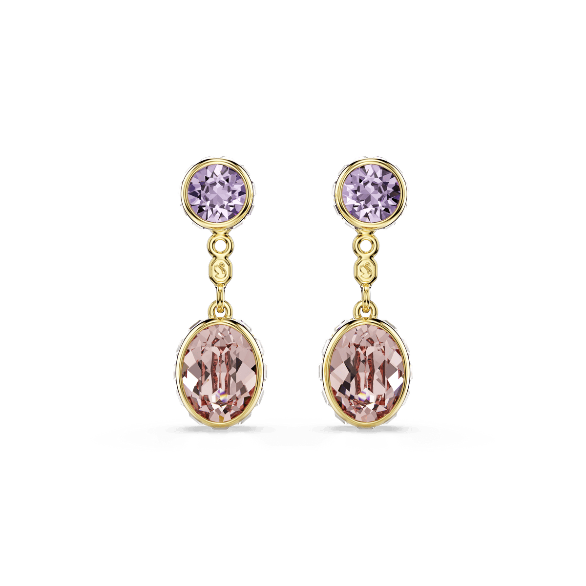 Introducing the Swarovski Chroma drop earrings: a stunning pair crafted in gold-tone metal with an elegant 18K gold finish. Each earring showcases a round, light purple crystal at the top, connected by a delicate decorative link to a larger, oval-shaped light pink crystal below. This sophisticated design blends mixed cuts and multicolored crystals for a refined shimmer and contemporary elegance, true to Swarovski’s renowned craftsmanship.