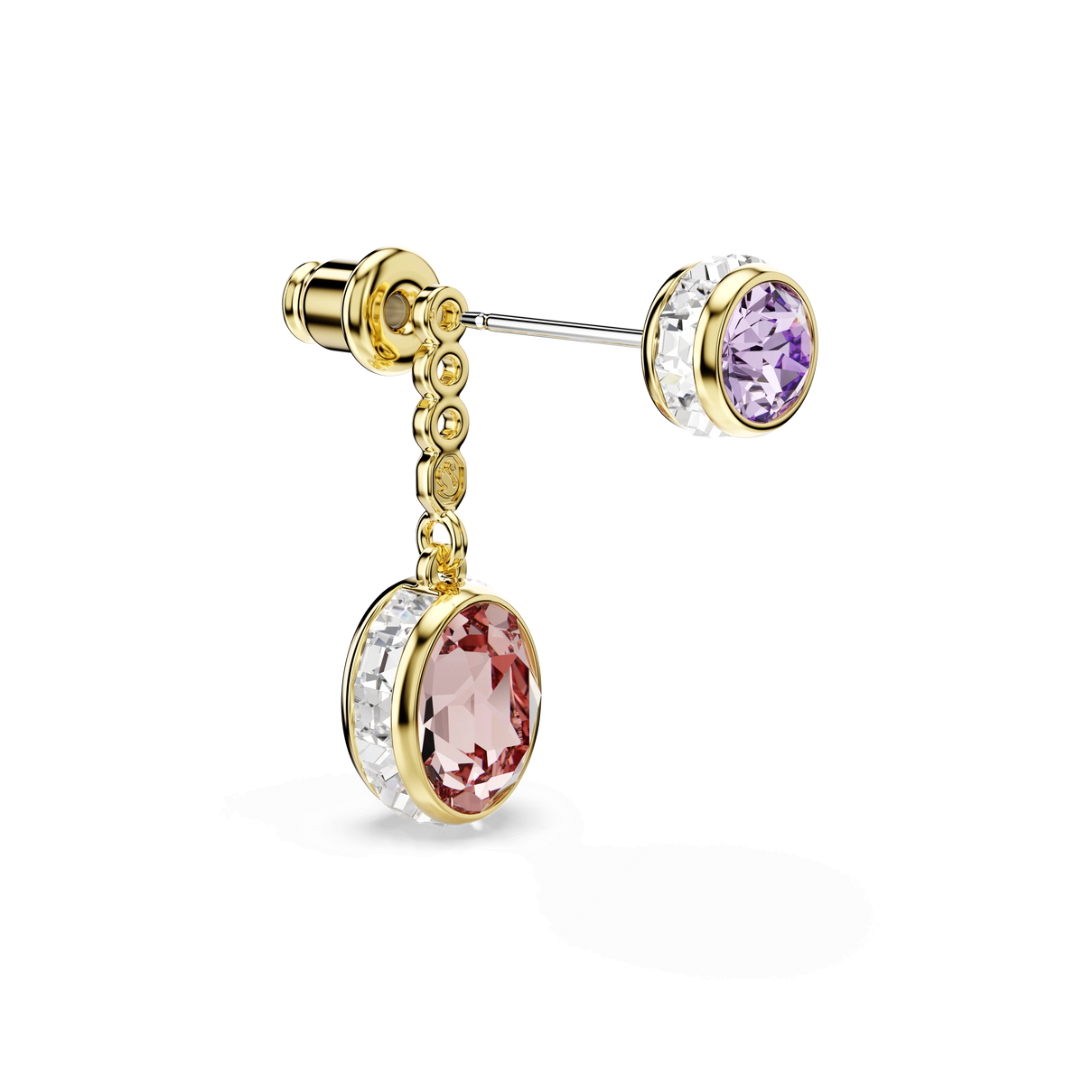 Swarovski Chroma drop earrings by Swarovski, featuring mixed-cut multicolored gemstones set in an elegant 18K gold finish and accented with sparkling clear stones surrounding the settings, displayed on a white background.