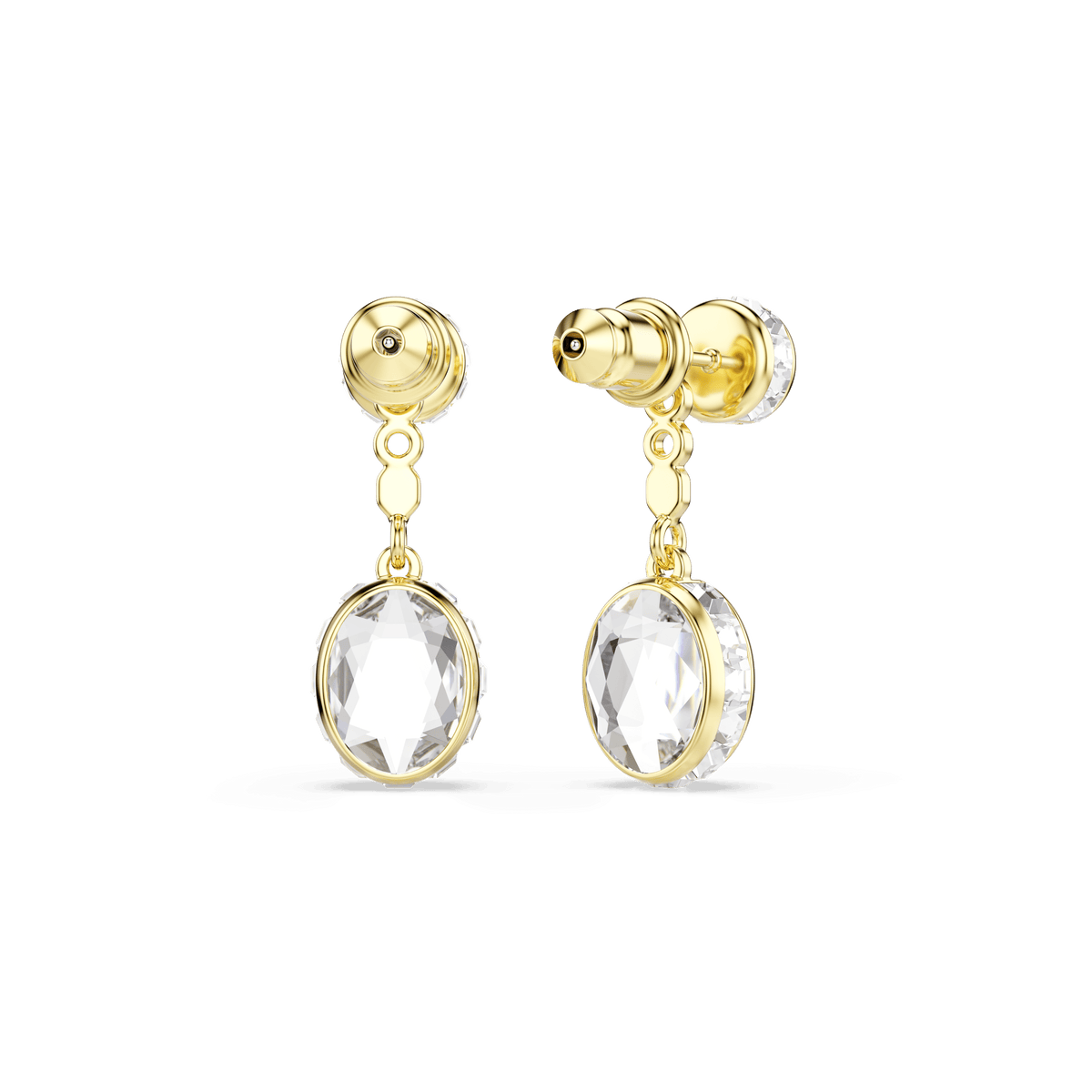 Swarovski Chroma drop earrings with an 18K gold finish, featuring mixed-cut multicolored gemstones. These elegant earrings have a stud top and a short chain connecting to the faceted stones, offering a touch of sophistication. Displayed on a plain white background.