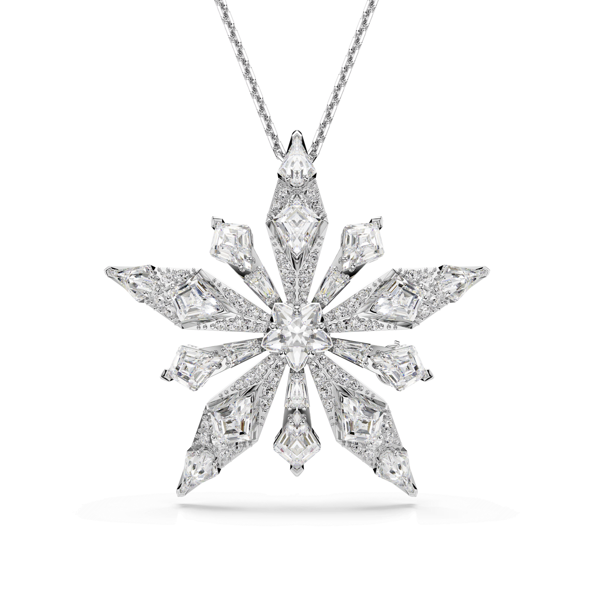 Certainly! Here’s the rewritten sentence using your product data: The Swarovski Idyllia pendant and brooch Star, crafted in white with a rhodium-plated finish, features multiple diamond-like cuts arranged symmetrically to form six sparkling points. Inspired by wintry charm and renowned for its elegance, this stunning piece beautifully reflects the brilliance celebrated by Swarovski Canada.