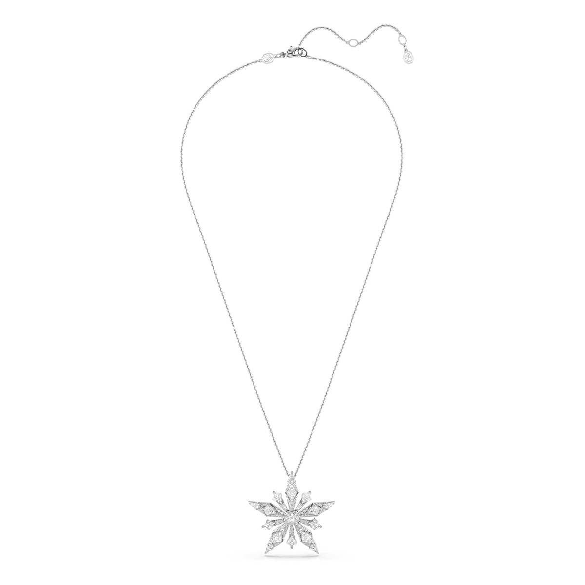 A refined Swarovski necklace with an eye-catching, rhodium plated silver chain featuring the Idyllia Star pendant and brooch in white—adorned with sparkling clear gemstones. Presented on a plain white background, this elegant piece showcases the exquisite craftsmanship of Swarovski.
