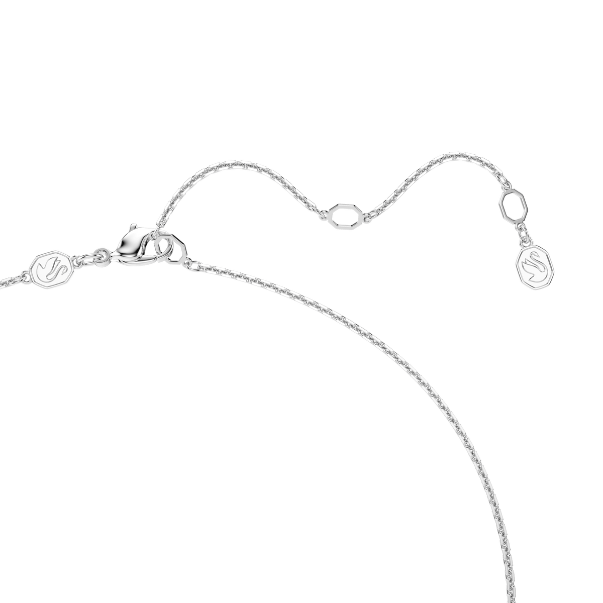 Swarovski Idyllia Star pendant and brooch in white, rhodium plated, featuring a delicate silver chain with a lobster clasp and two small round engraved logo tags, displayed on a white background.