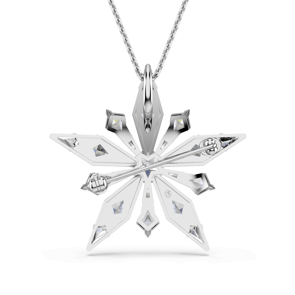 The Swarovski Idyllia pendant and brooch Star features an elegant geometric snowflake design, adorned with small clear crystals at each point and a central bar detail. Suspended from a rhodium-plated silver chain, this sophisticated piece—available from Swarovski Canada—is reminiscent of the renowned Swarovski Idyllia collection.
