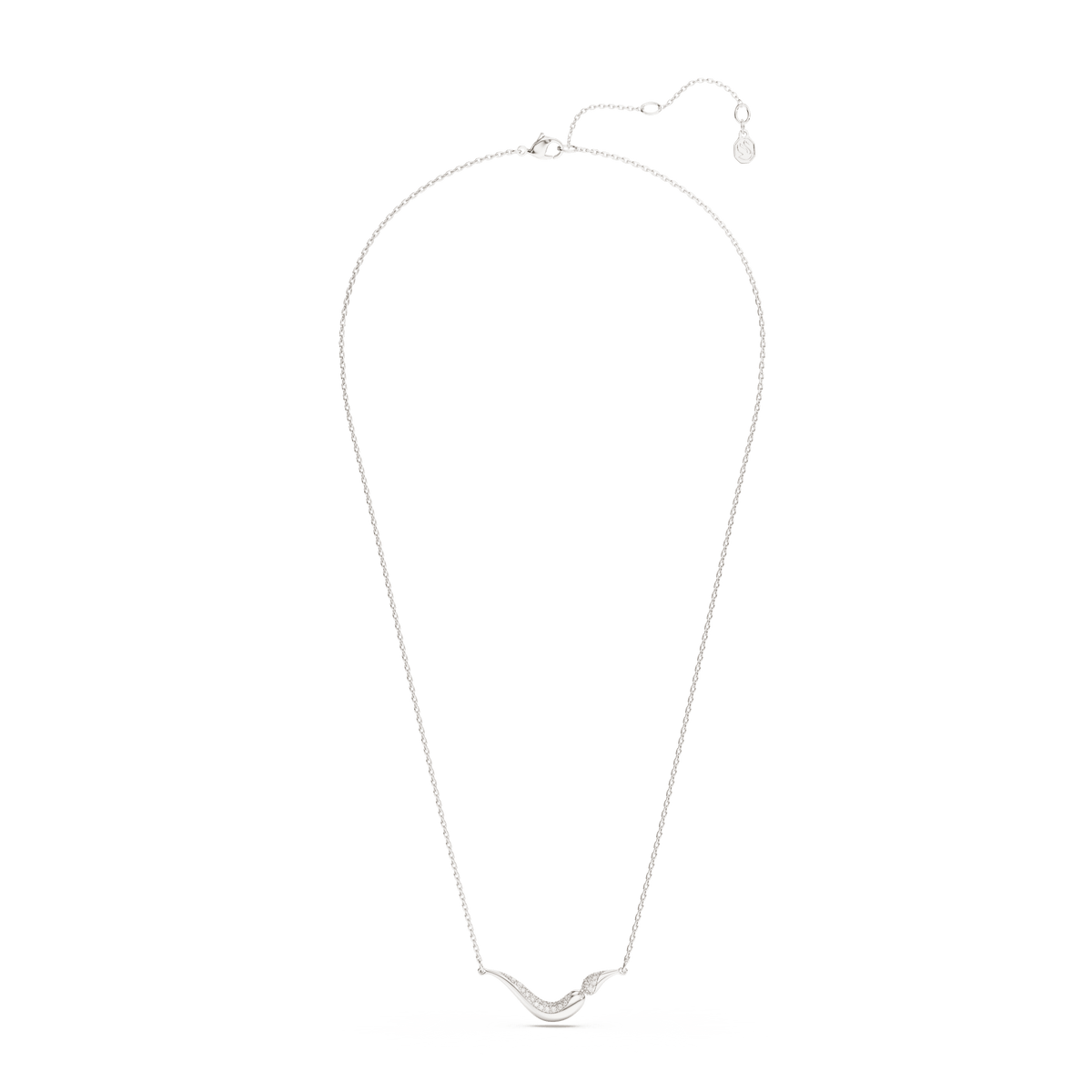 Swarovski Classica necklace in sterling silver, featuring a round cut white centerpiece on a delicate thin chain, elegantly displayed against a plain white background.