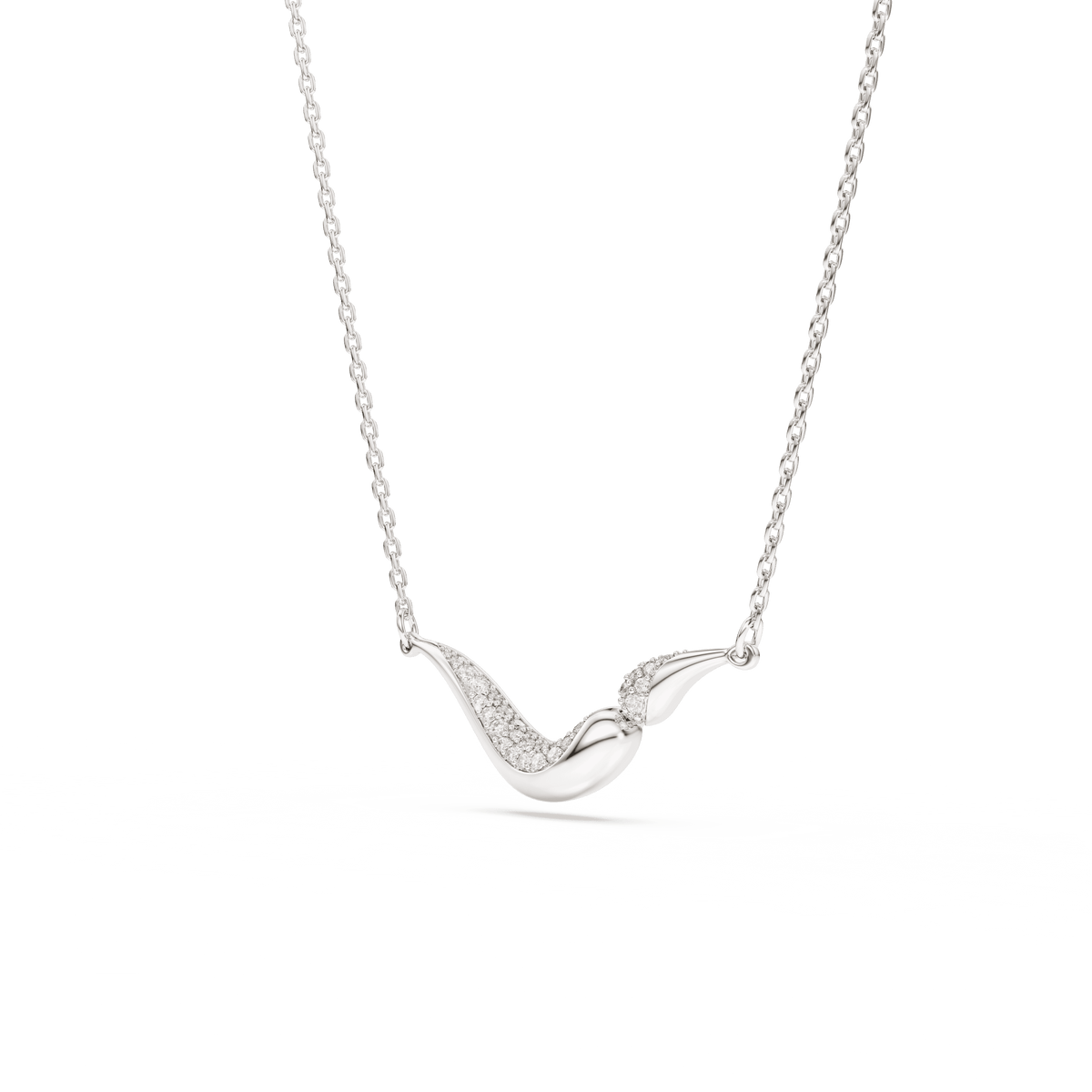 The Swarovski Classica necklace features a sterling silver chain with a curved, abstract pendant adorned with round-cut, sparkling white Swarovski Zirconia stones by Swarovski, presented against a plain white background.