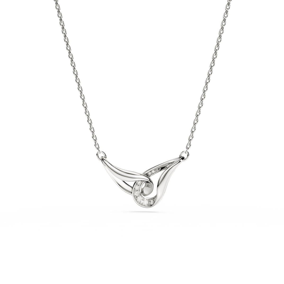 Swarovski Classica pendant necklace in sterling silver features an abstract interlocking design with round-cut, clear Swarovski Zirconia stones, showcased against a plain white background.