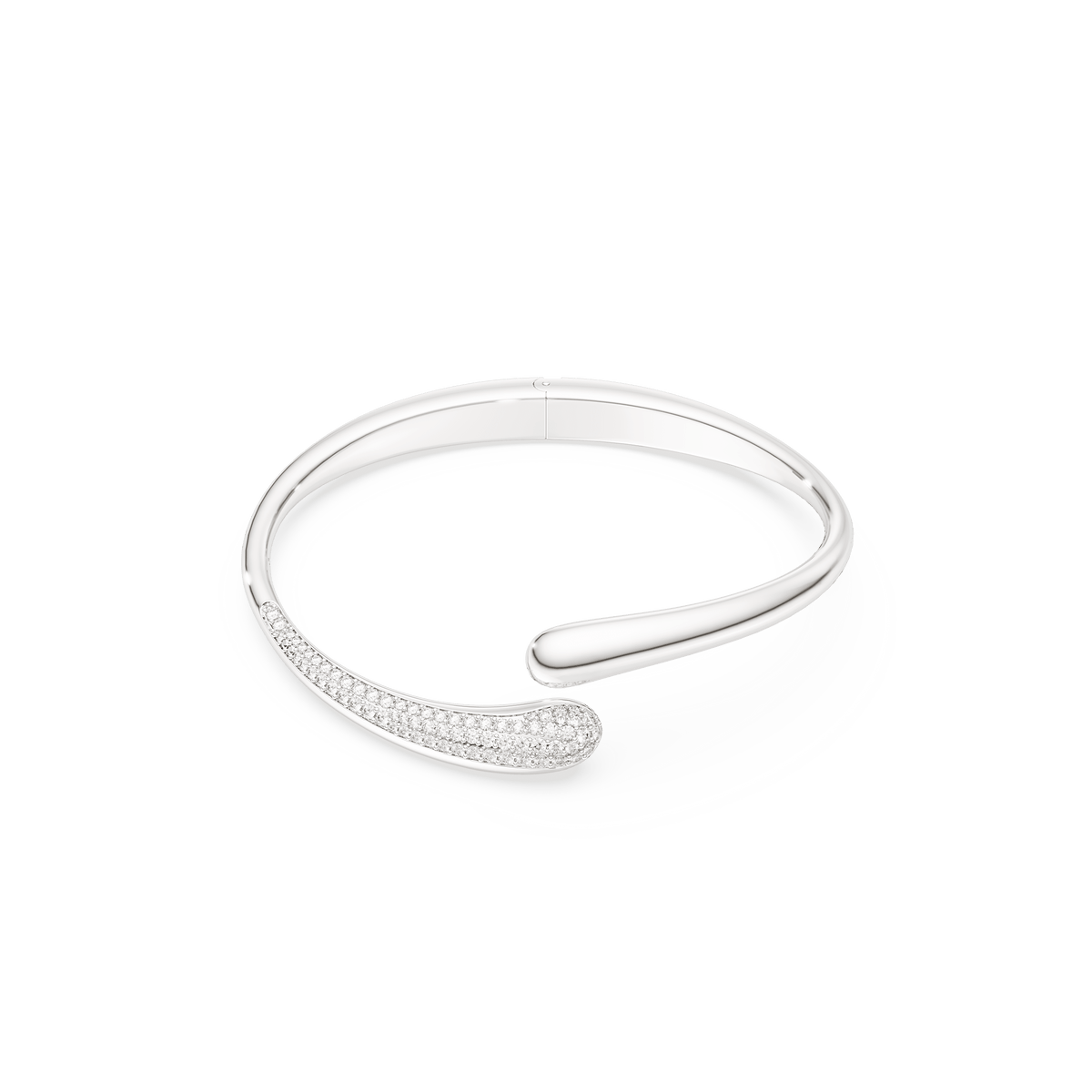 The Swarovski Classica bangle, featuring an intertwining design in sterling silver and adorned with round-cut white crystals, is showcased against a plain white background.