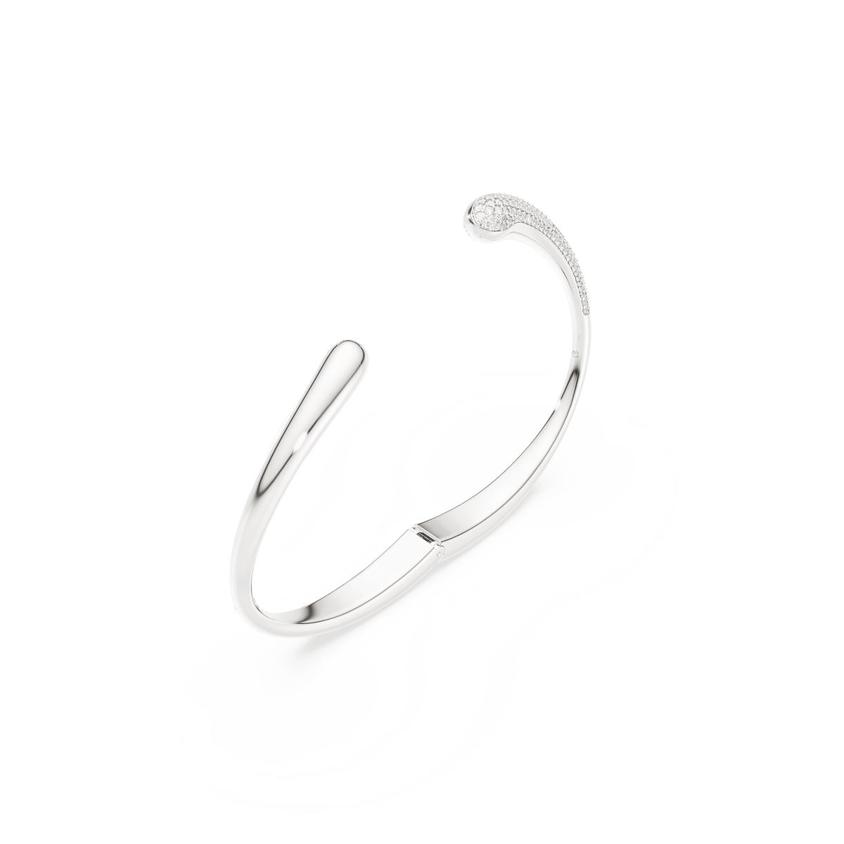 The Swarovski Classica bangle features an intertwining, open design crafted from recycled sterling silver, with one rounded end and the other embellished with round-cut white stones, beautifully displayed on a plain white background.