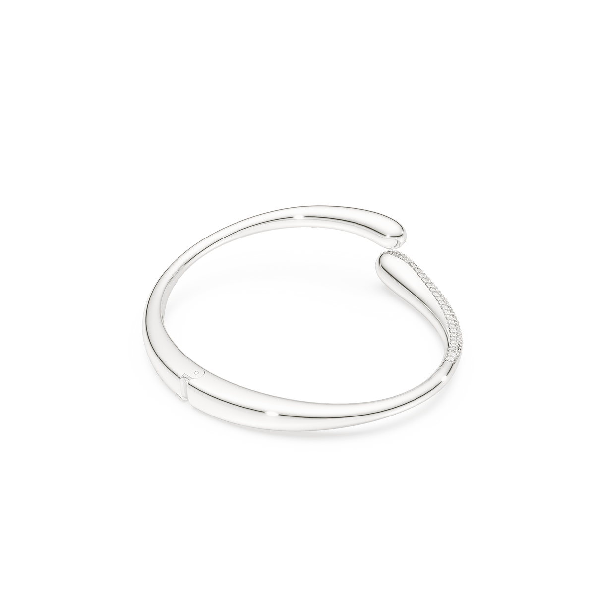 The Swarovski Classica bangle is an elegant, sterling silver open bangle with intertwining design, adorned with a slim line of round cut white stones on one side, displayed against a plain white background.