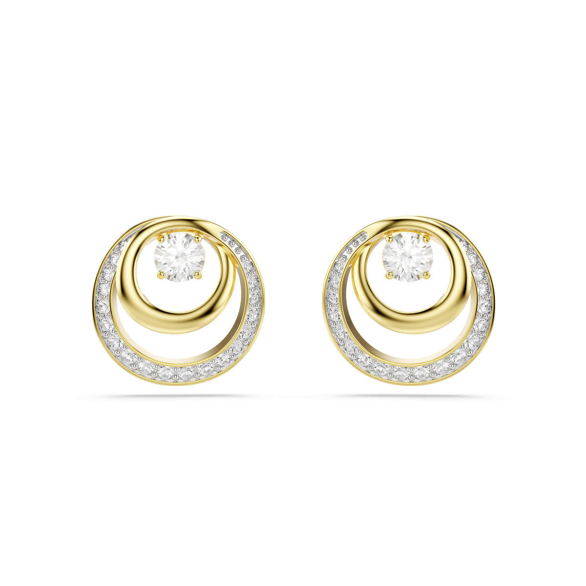 Swarovski Hyperbola stud earrings, featuring a round cut with central clear gemstones and smaller Swarovski Zirconia stones along the outer edge, boast an 18K gold finish that exudes timeless sophistication. Photographed against a plain white background, these elegant Swarovski earrings are the perfect expression of classic style.