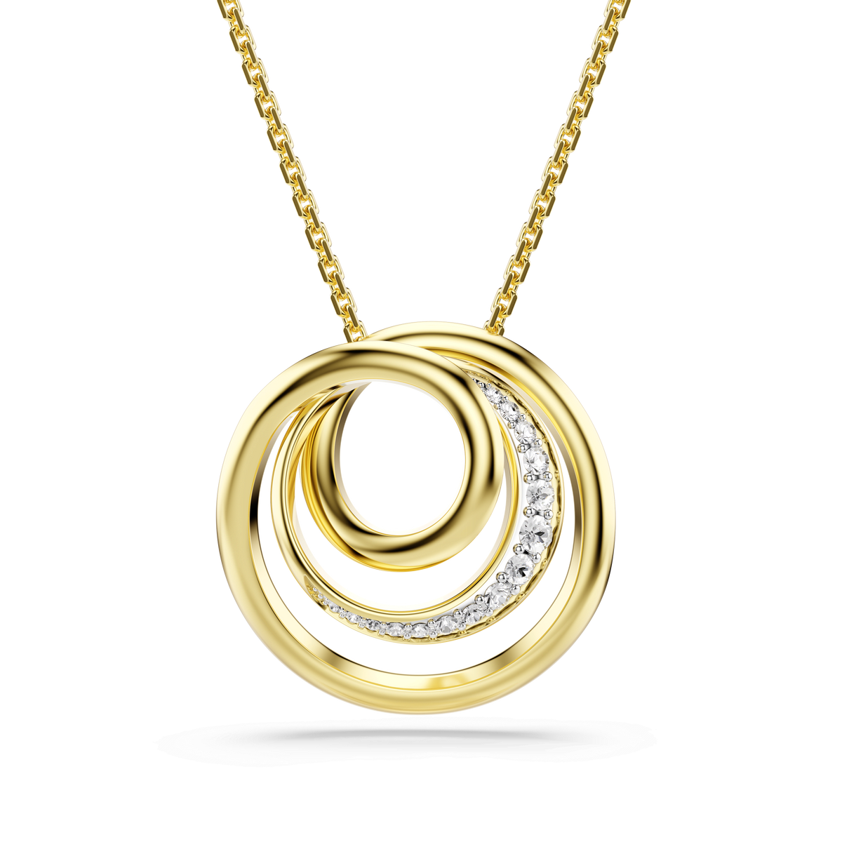 The Swarovski Hyperbola necklace features three interlocking circular loops, with one loop partially adorned with sparkling round-cut Swarovski Zirconia. This elegant pendant hangs from a delicate 18K gold finish chain and is displayed against a plain white background.