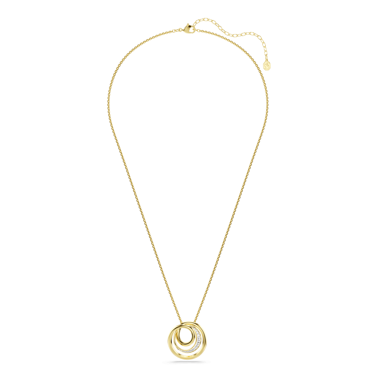 The Swarovski Hyperbola necklace features a delicate chain with three interlocking circular pendants, including a striking Hyperbola pendant adorned with round-cut stones and finished in radiant 18K gold, shown against a plain white background.