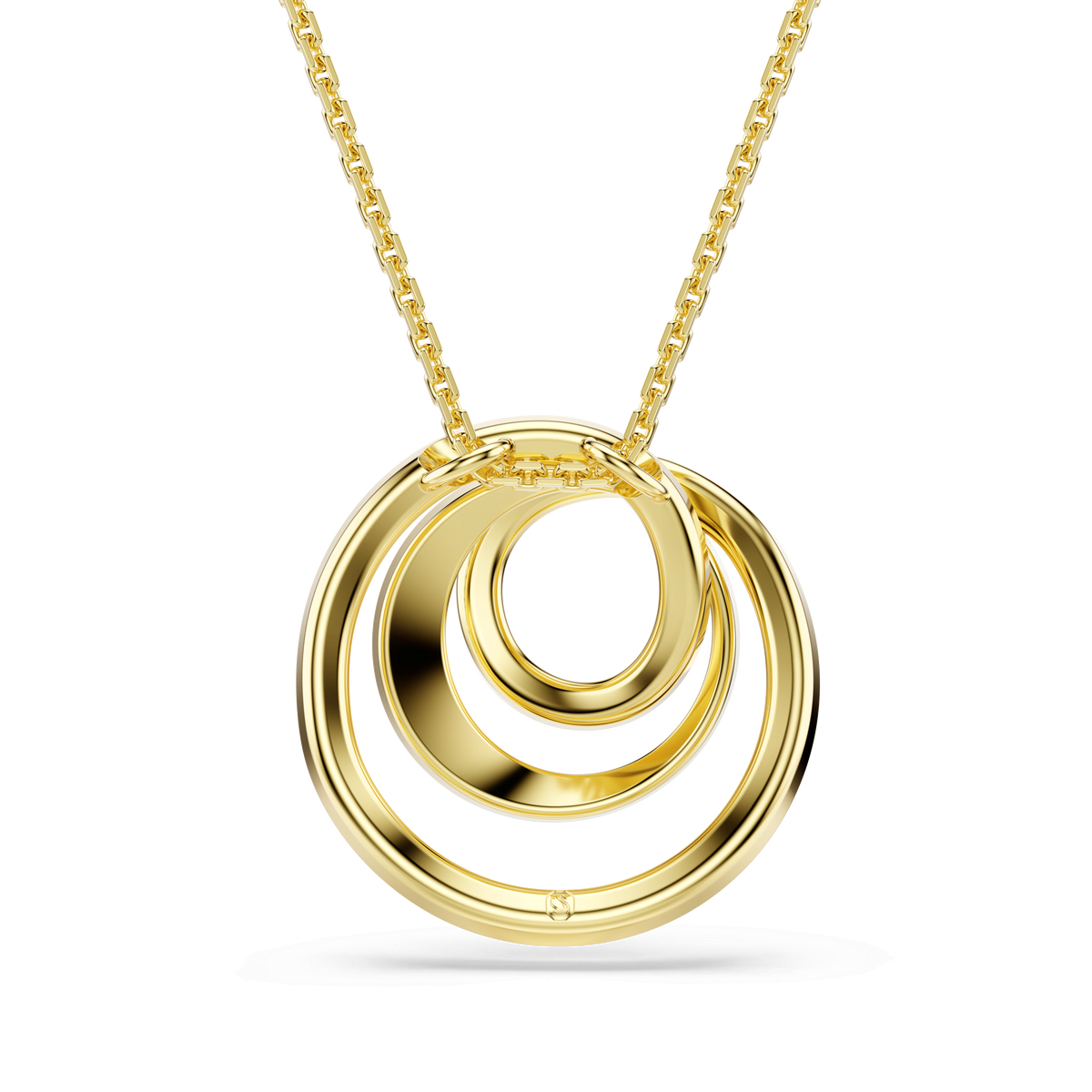 The Swarovski Hyperbola necklace showcases three interlocking open circles with a round cut design, finished in elegant 18K gold and suspended from a delicate chain, beautifully displayed against a plain white background.