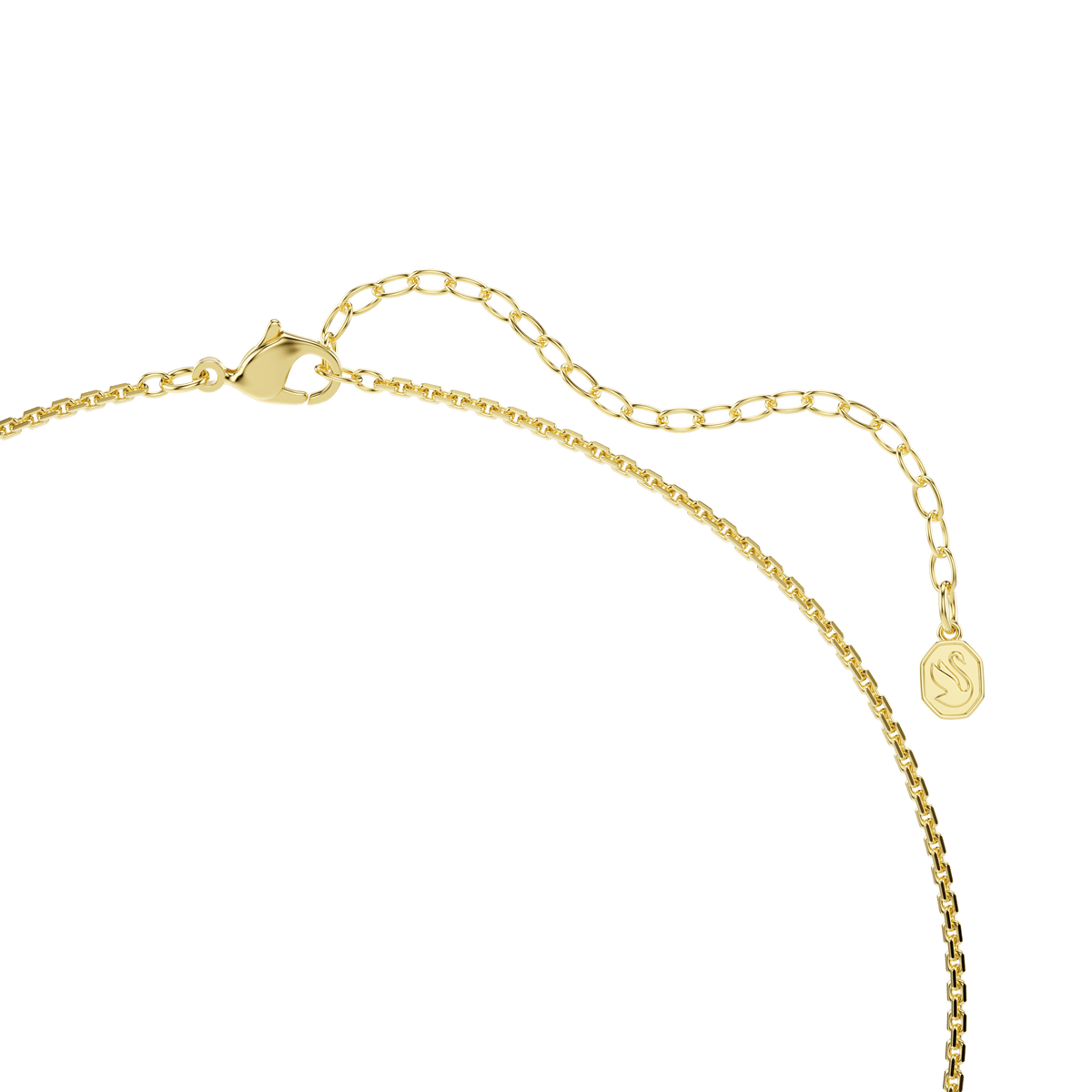 The Swarovski Hyperbola necklace features a delicate 18K gold finish chain with a lobster clasp and adjustable extension, adorned with a small round-cut white Swarovski Zirconia charm at the end.