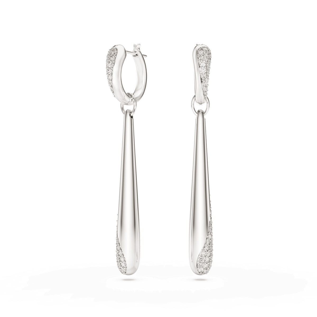 Swarovski Classica drop and hoop earrings in sterling silver, featuring elongated, tapered teardrop shapes. Each earring showcases a pavé hoop with sparkling round-cut accents near the hoop and at the tip, beautifully presented against a plain white background.