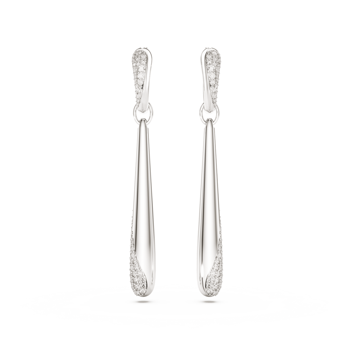 A pair of Swarovski Classica drop and hoop earrings showcasing round-cut white stones set in sterling silver, featuring a sophisticated elongated design with sparkling accents at both the top and bottom.
