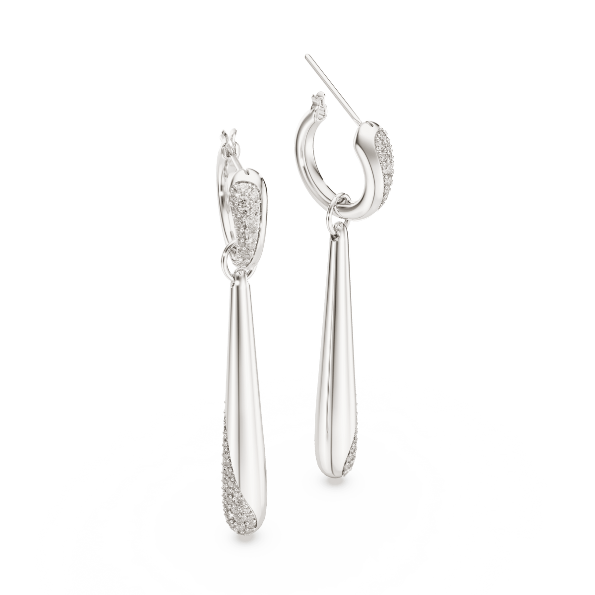 A pair of Swarovski Classica drop and hoop earrings in sterling silver, featuring round-cut white stones with pavé hoops and long, slender teardrop pendants set against a white background.
