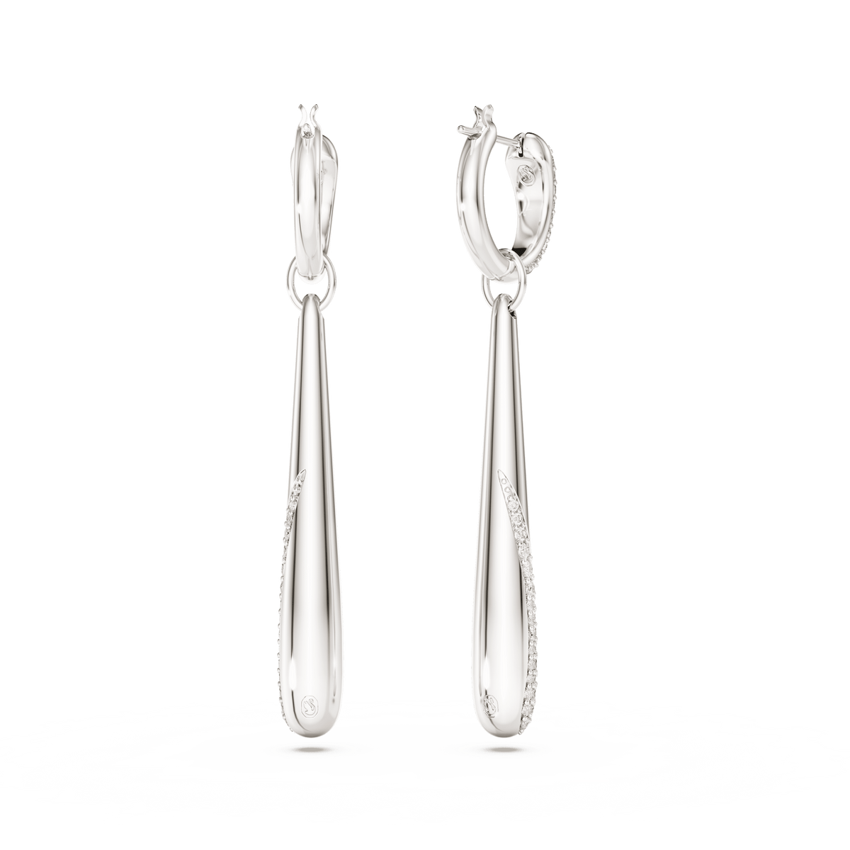 A pair of Swarovski Classica drop and hoop earrings, featuring round-cut white stones set in sterling silver, are elegantly displayed on a plain white background.