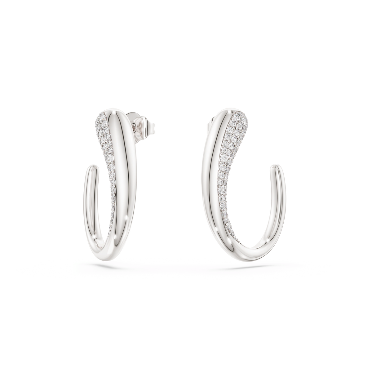 A pair of Swarovski Classica hoop earrings in sterling silver, each adorned with small, round-cut white Swarovski stones set along the inner curve, displayed on a plain white background.