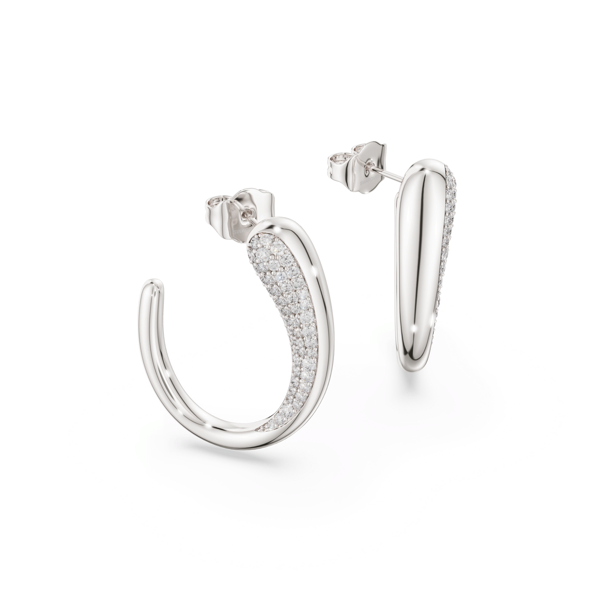 A pair of Swarovski Classica hoop earrings, featuring round-cut white stones set in polished sterling silver, partially encrusted on the front and displayed against a plain white background.