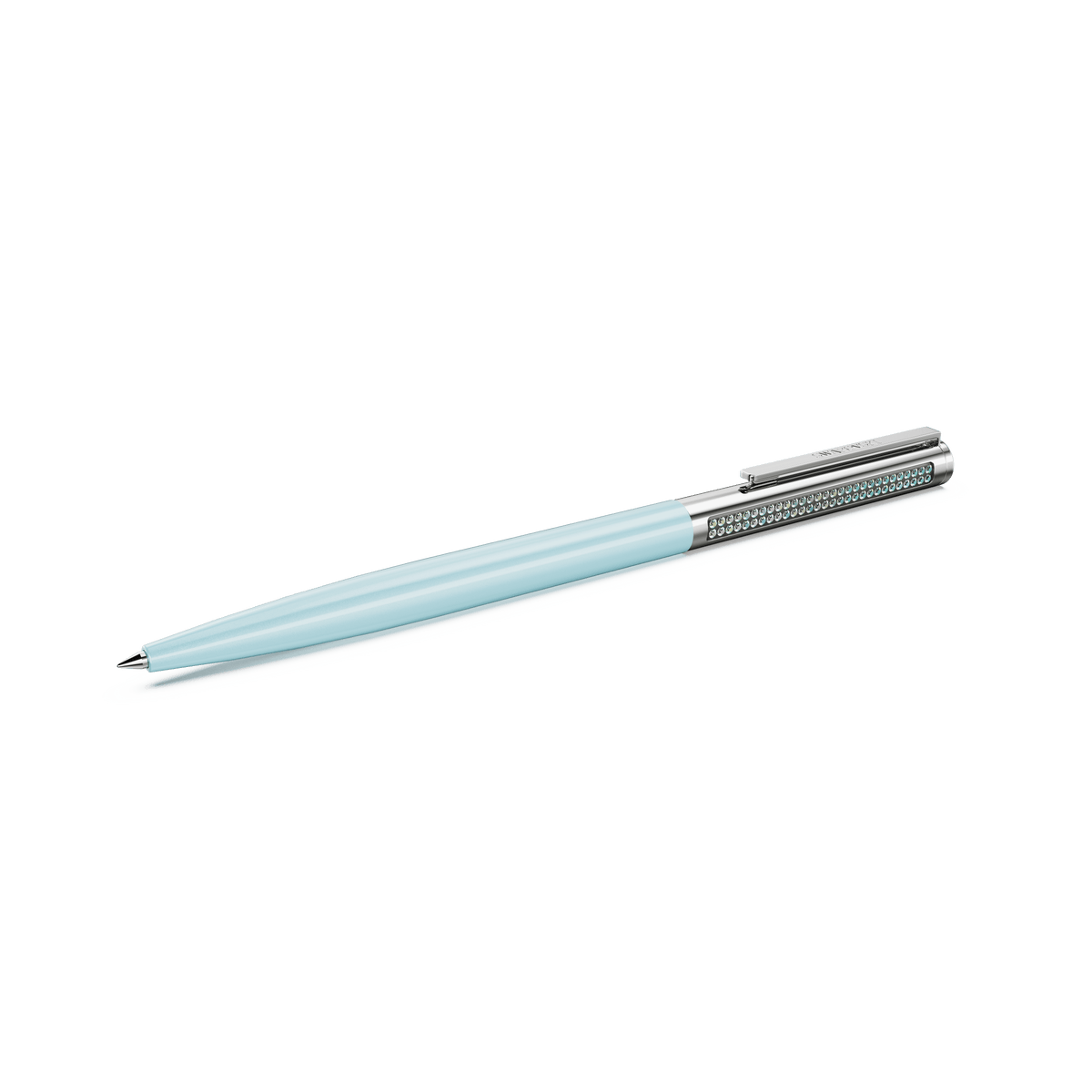 A Swarovski Matrix Tennis ballpoint pen in blue with a chrome-plated clip and metallic grip section is displayed on a white background. The uncapped pen reveals its writing tip.