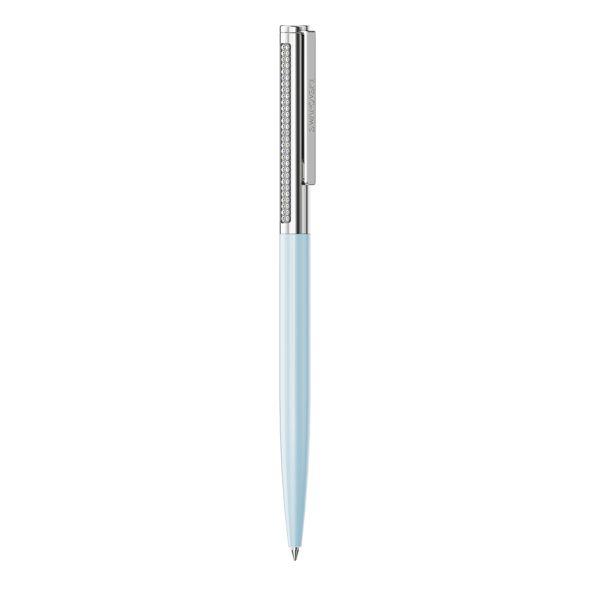 A Swarovski Matrix Tennis ballpoint pen in blue with chrome-plated accents, featuring elegant Crystaltex Chaton Bandings near the top and a silver clip, displayed vertically on a plain white background.
