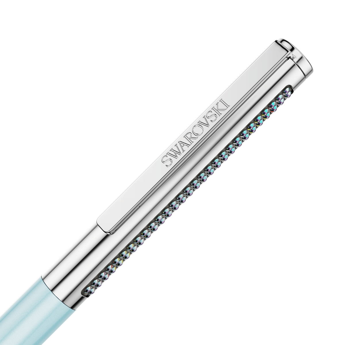 Featuring a light blue body, the Swarovski Matrix Tennis ballpoint pen showcases refined elegance with a chrome-plated silver cap engraved with “SWAROVSKI” on the clip and a dazzling row of crystals inspired by Crystaltex Chaton Bandings along the side. Set against a plain white background, this sophisticated pen embodies the signature brilliance of Swarovski design.