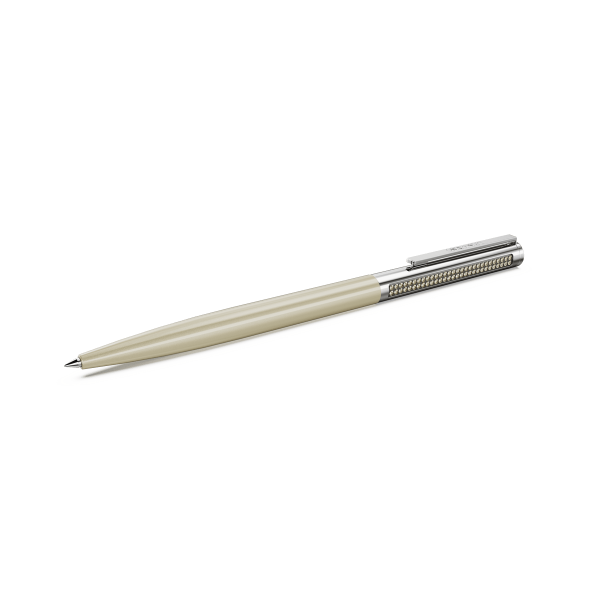 The Swarovski Matrix Tennis ballpoint pen by Swarovski, in brown with gold-tone plating, is placed diagonally on a white background.