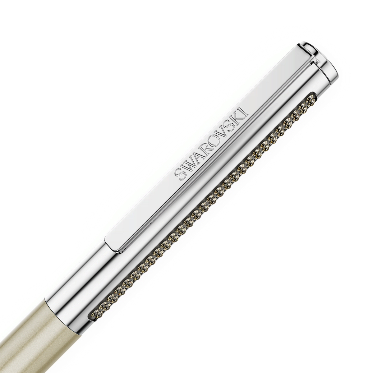 A close-up of the Swarovski Matrix Tennis ballpoint pen cap in brown with gold-tone plating, showcasing the brand name “Swarovski” engraved on a sleek gold-tone clip. The cap is adorned with a row of sparkling Crystaltex Chaton Bandings along its length, enhancing the pen’s elegant and brilliant design.