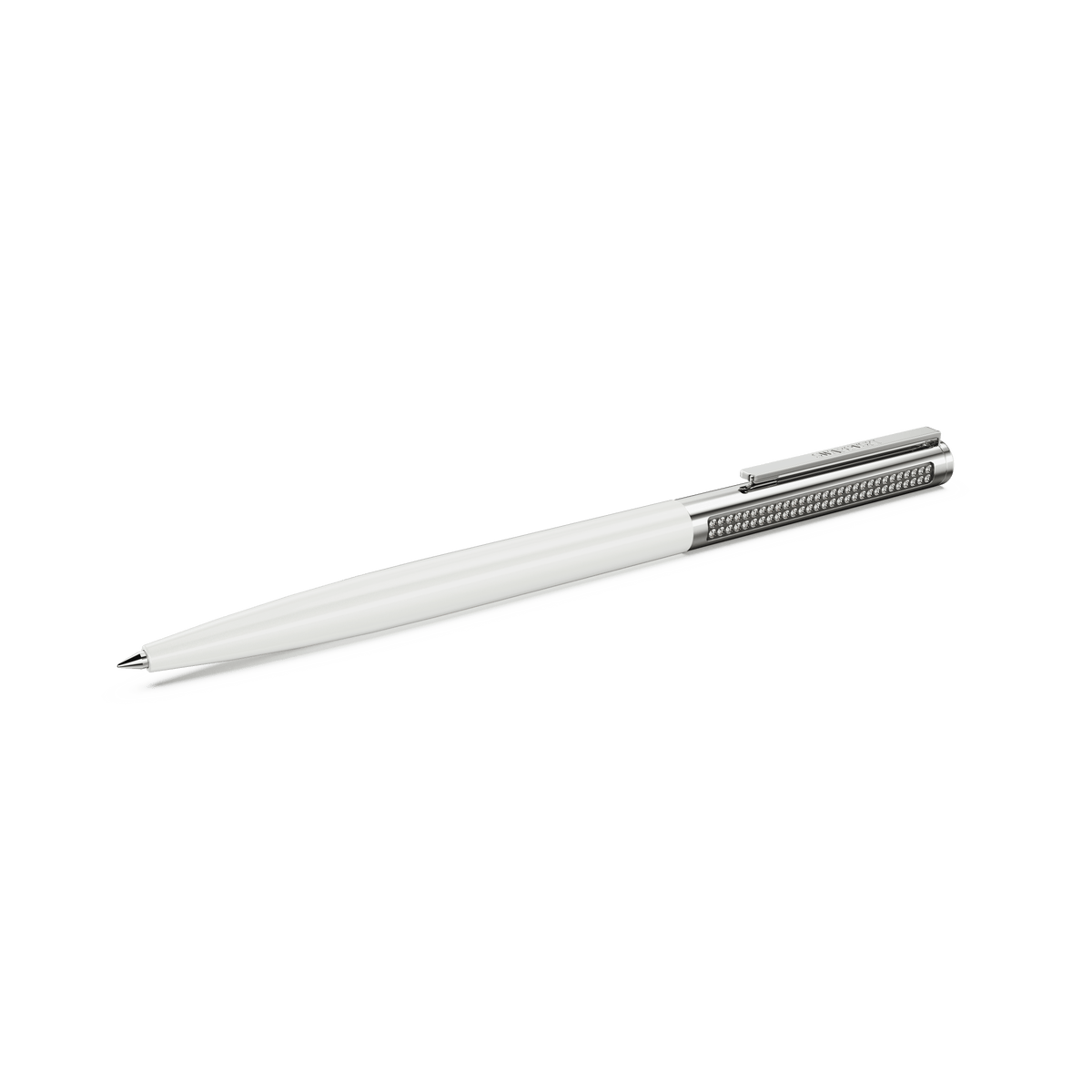 Introducing the Swarovski Matrix Tennis ballpoint pen in white, featuring a sleek chrome-plated metal clip and grip. Showcased against a plain white background, this elegant writing instrument by Swarovski embodies timeless sophistication.