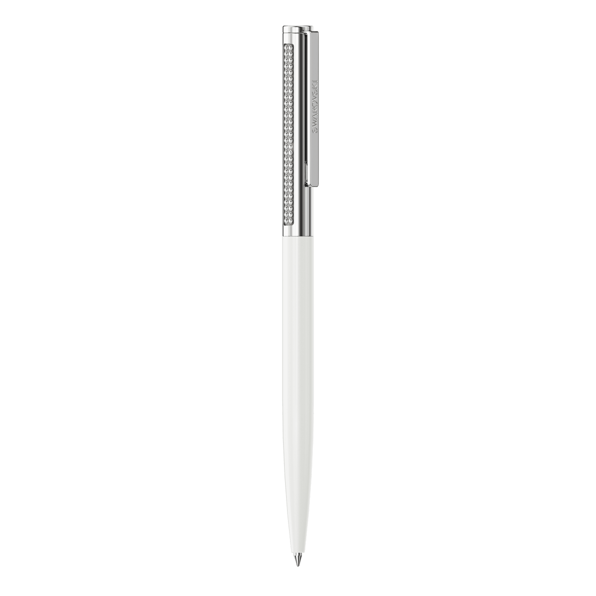 A white Swarovski Matrix Tennis ballpoint pen with chrome-plated accents, showcasing a sleek design with a textured grip section and a cap clip, displayed on a plain white background. The pen’s elegant style evokes the brilliance of Crystaltex Chaton Bandings, adding a refined sparkle to its modern appearance.