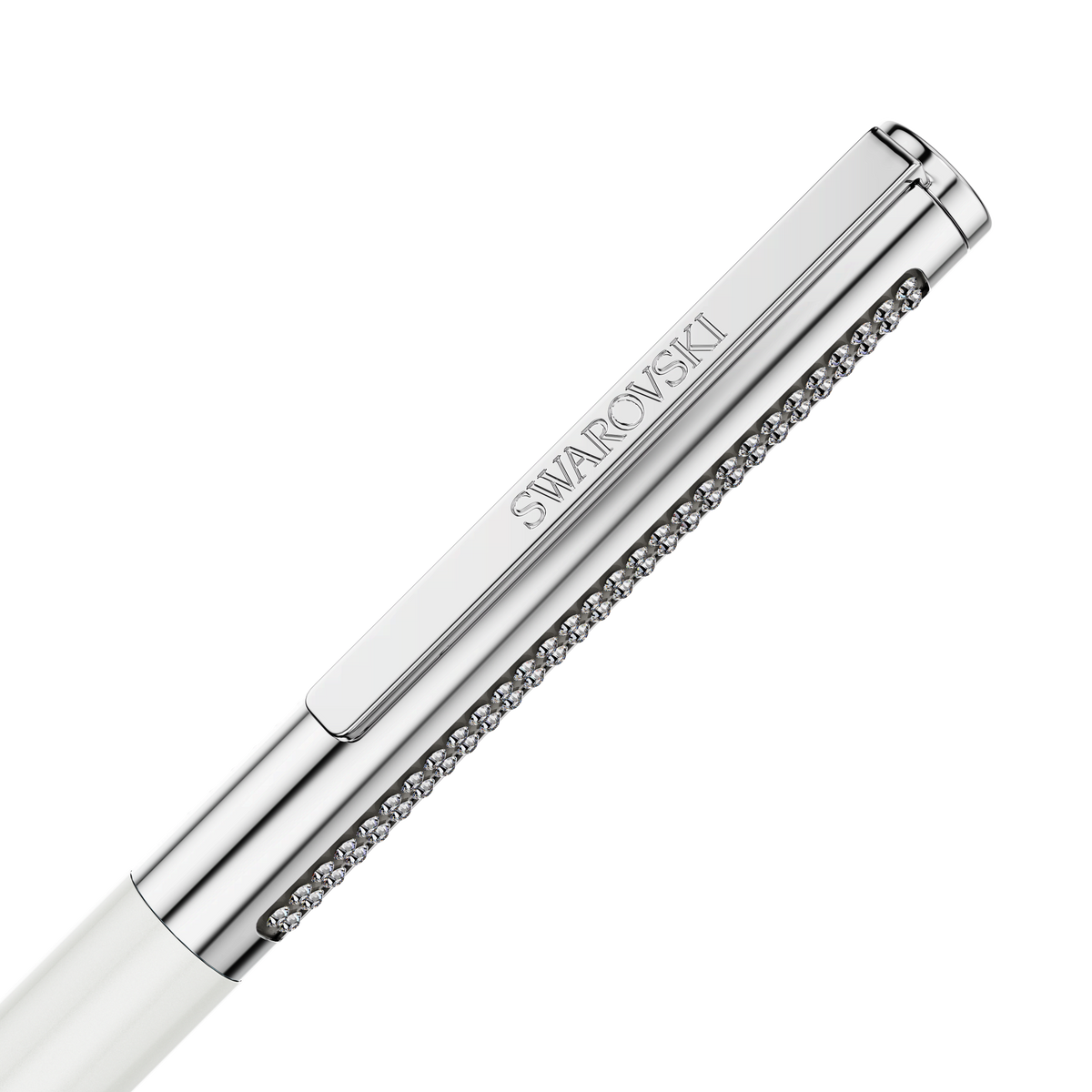 A close-up of the Swarovski Matrix Tennis ballpoint pen in white with a chrome-plated finish, featuring the “Swarovski” brand name engraved on the clip and adorned with sparkling crystals along the side.