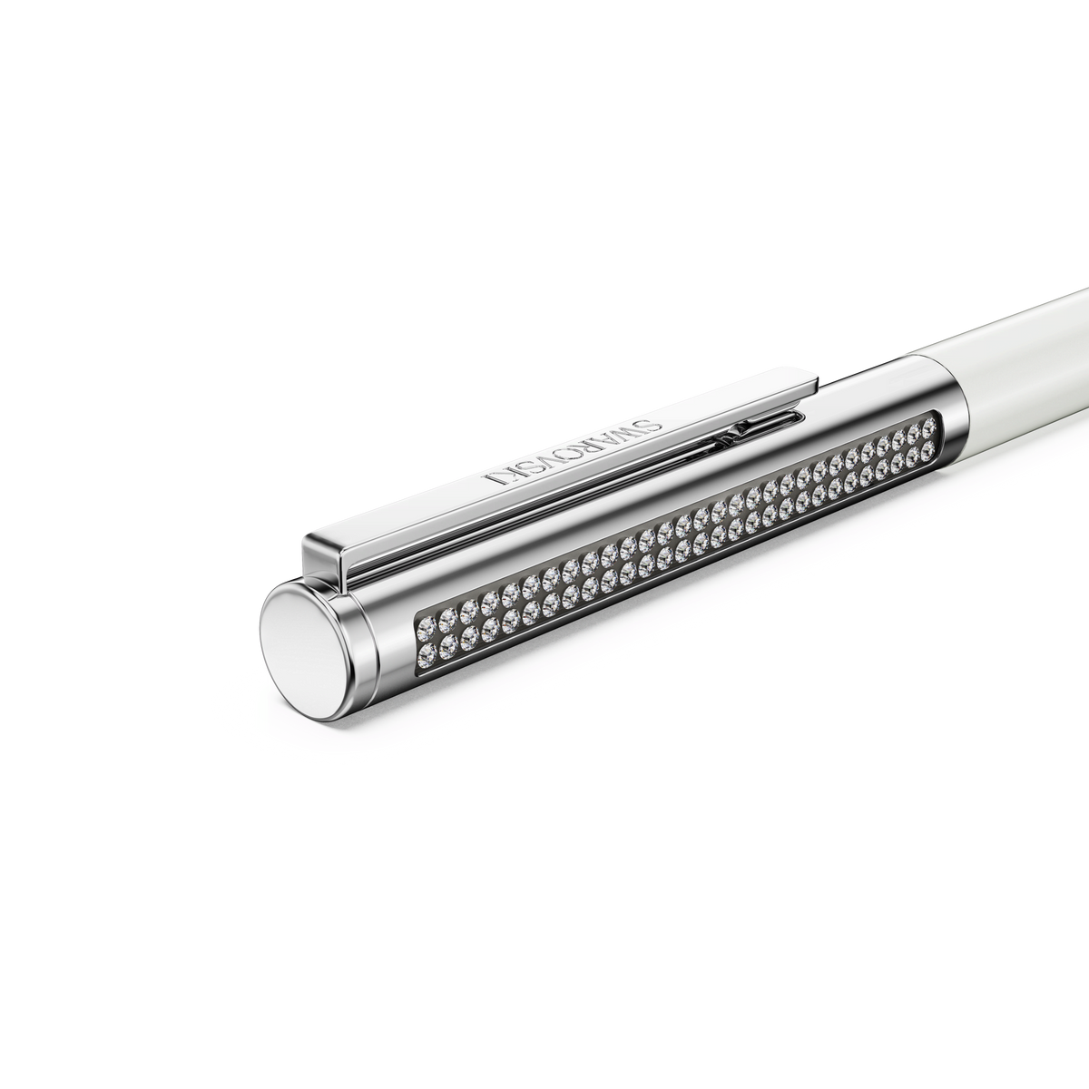 A close-up of the Swarovski Matrix Tennis ballpoint pen in white with chrome plating, featuring a row of clear gemstones on the clip, displayed on a white background.