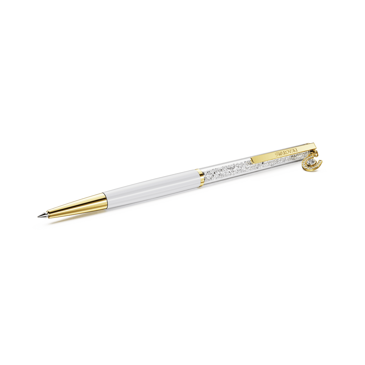 The Swarovski Crystalline ballpoint pen, Horse shoe, features a sleek white lacquered and gold-tone plated design with a sparkling barrel filled with Swarovski crystals and a small horseshoe charm attached to the clip, displayed against a plain white background.