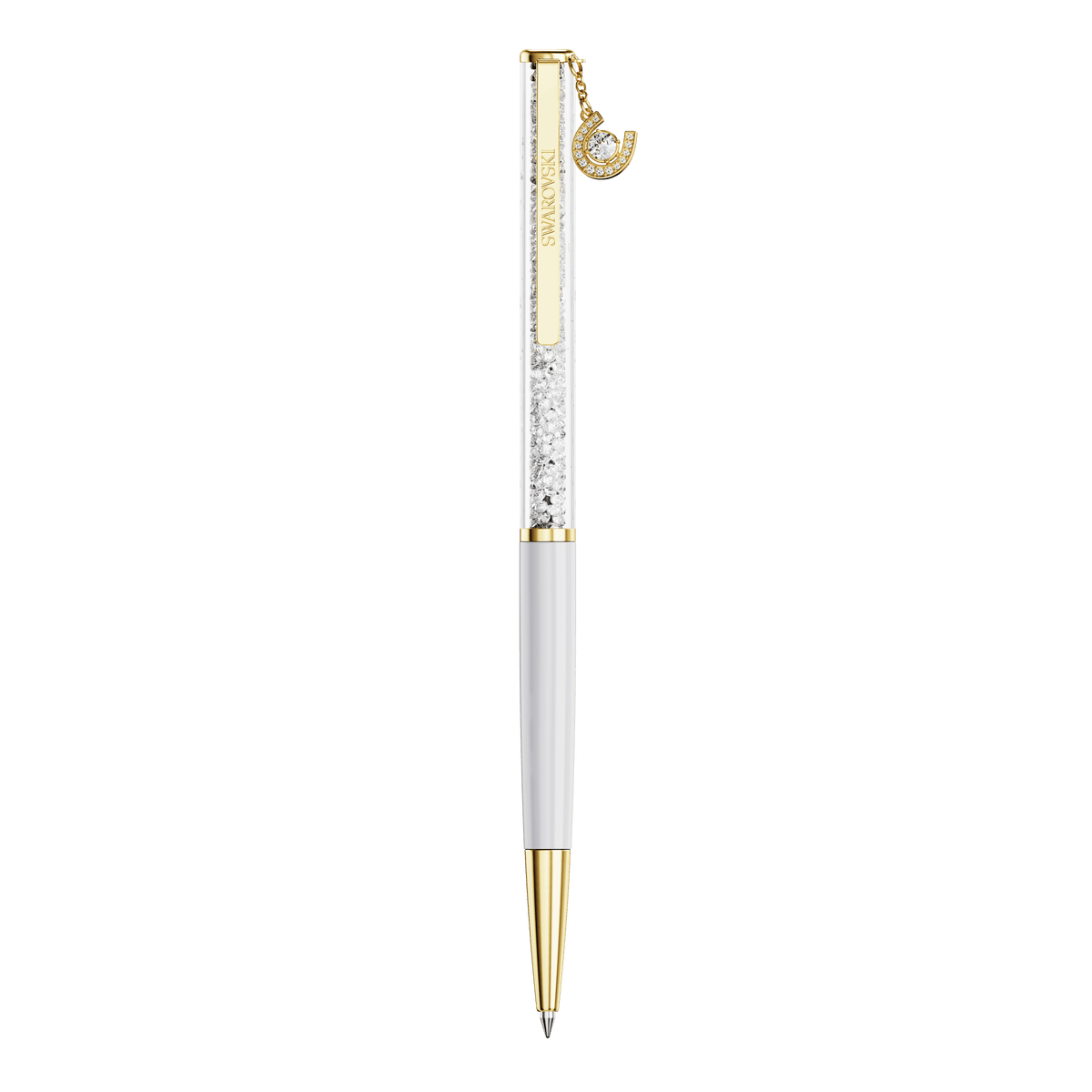 The Swarovski Crystalline ballpoint pen in white features a sleek white lacquered barrel adorned with sparkling crystals in the upper section, gold-tone plated accents, and a delicate gold horseshoe charm near the top.