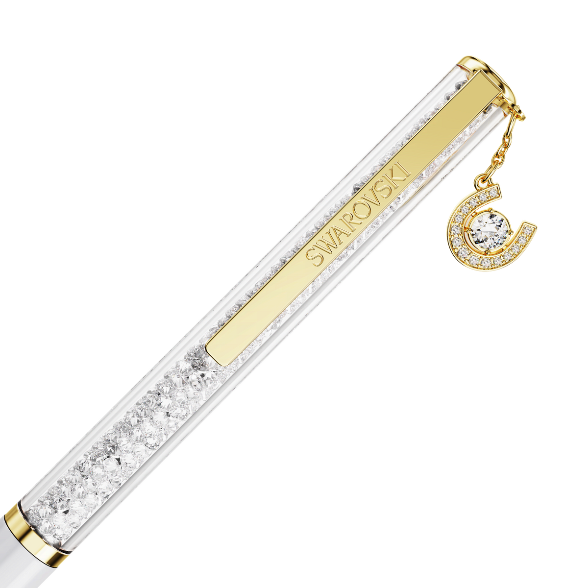 The Swarovski Crystalline ballpoint pen in white lacquer features gold-tone plating, is filled with sparkling crystals, and is adorned with a dazzling gold-tone lucky horseshoe charm encrusted with small crystals hanging from the top.