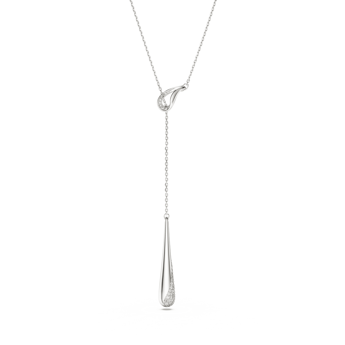 A refined Swarovski Classica Y pendant necklace in sterling silver, featuring round-cut white stones and a matching loop accent, showcased on a white background.