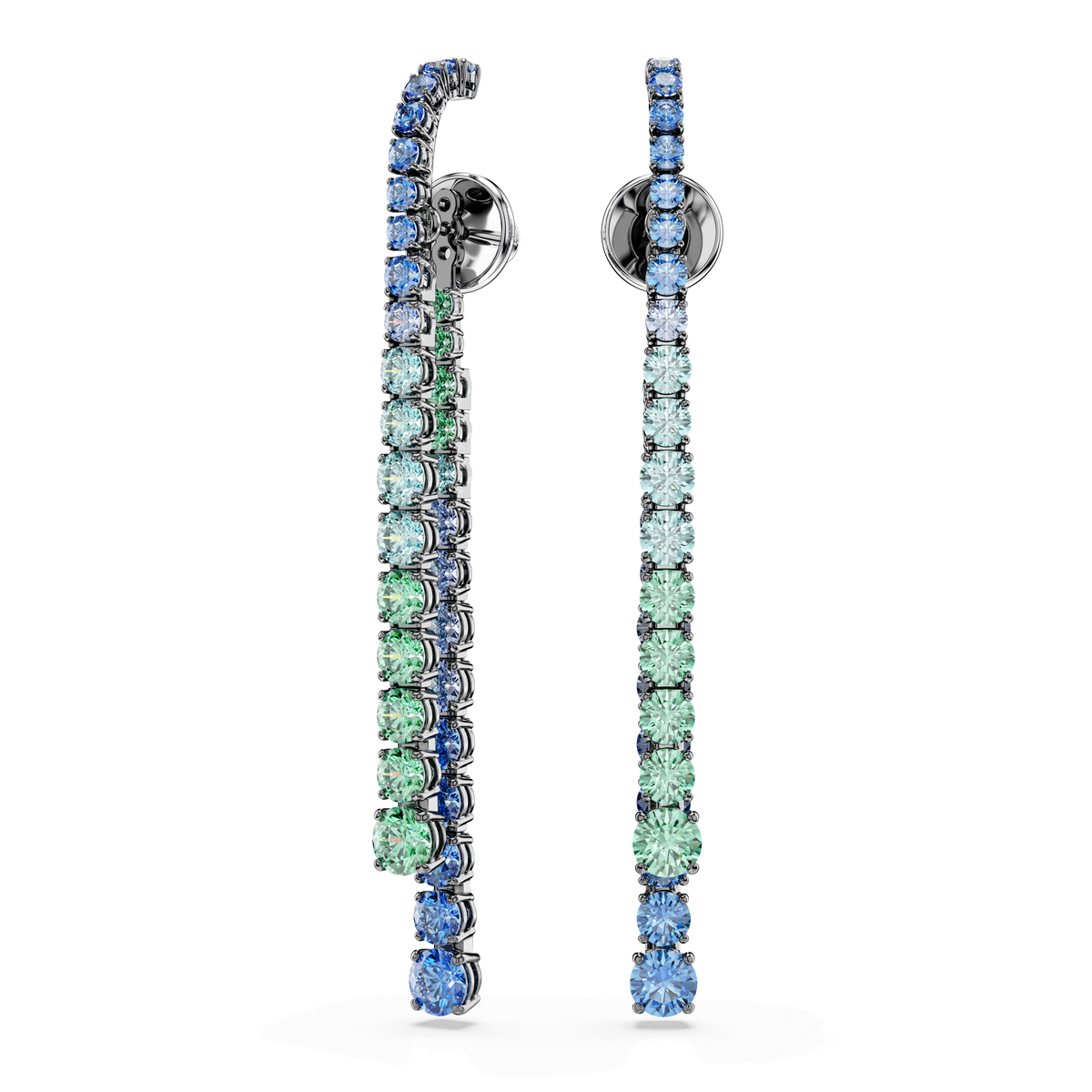 A pair of Swarovski Matrix drop earrings by Swarovski, showcasing a gradient of multicolored round cuts and finished with ruthenium plating, displayed against a white background.