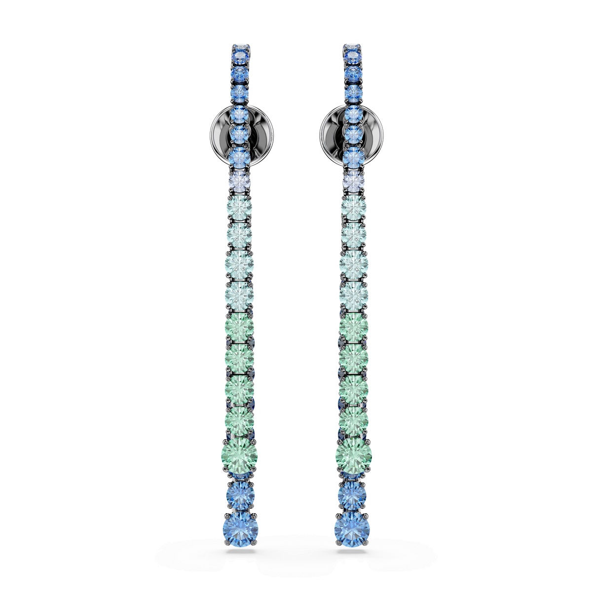 Swarovski Matrix drop earrings feature a stunning gradient of round-cut multicolored gemstones in blue and green hues, set in a straight vertical line and finished with ruthenium plating. Each earring has a round stud at the top, echoing the sparkling elegance of the iconic Swarovski Matrix Tennis necklace, all beautifully displayed against a white background.