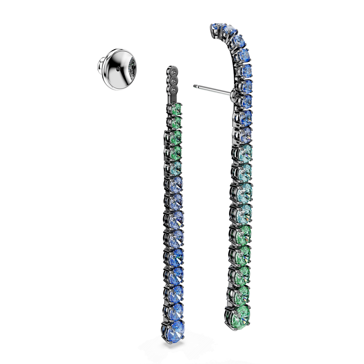 A pair of Swarovski Matrix drop earrings features two long, curved earrings with a gradient of round-cut multicolored crystals in alternating turquoise blue and green gemstones, set in ruthenium-plated metal, and includes one butterfly back.