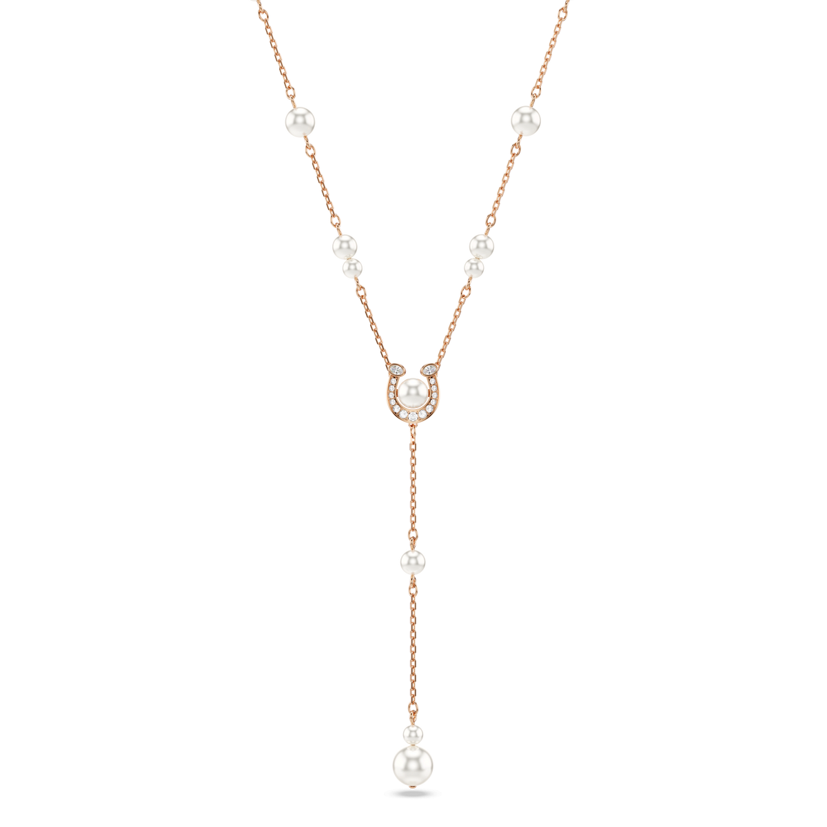 Introducing the Swarovski Symbolica Y Necklace: a rose gold-tone plated piece by Swarovski, featuring luminous crystal pearls and a pavé horseshoe-shaped pendant accented with sparkling crystals. The elegant drop chain is finished with a single crystal pearl, adding a sophisticated touch to this stunning design.