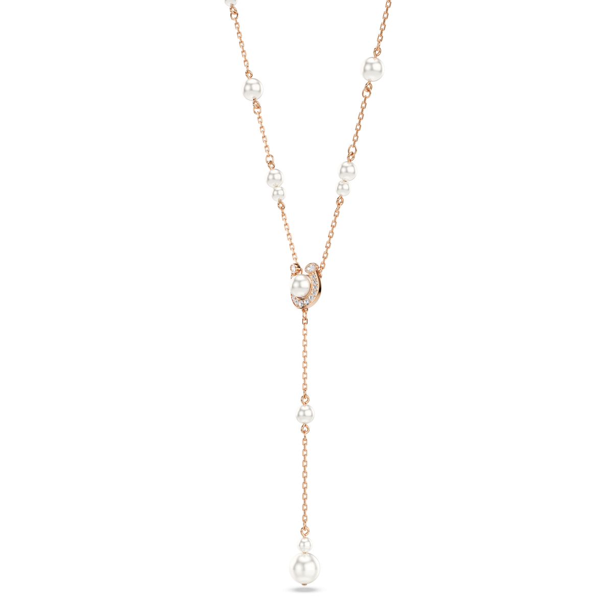 Introducing the Swarovski Symbolica Y Necklace: a rose gold-tone plated piece featuring lustrous white crystal pearls delicately spaced along the chain, ending in an elegant drop pearl. At the center, a pavé horseshoe loop adorned with sparkling stones and a pearl creates a refined touch, capturing the signature elegance and craftsmanship of Swarovski.