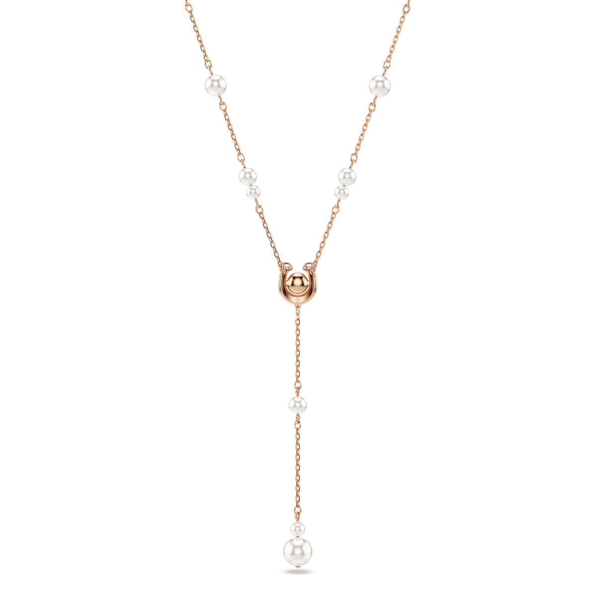 Sure! Here is a rewritten sentence using your product data: The Swarovski Symbolica Y necklace features a rose gold-tone plated chain adorned with evenly spaced Swarovski crystal pearls, pavé detailing, and a central pearl drop, all highlighted by a distinctive horseshoe motif.
