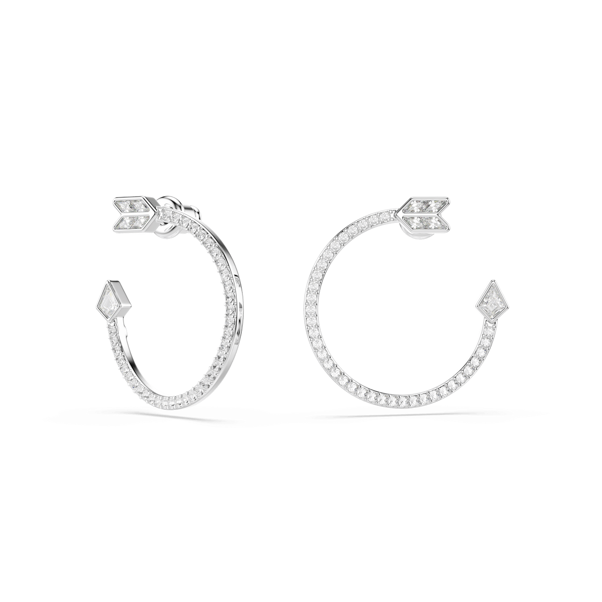Discover the elegance of Swarovski Idyllia hoop earrings—rhodium plated and adorned with mixed cut Swarovski stones, these silver hoops feature open circle designs accented by stylish arrowhead and feather details for a refined, sparkling finish.
