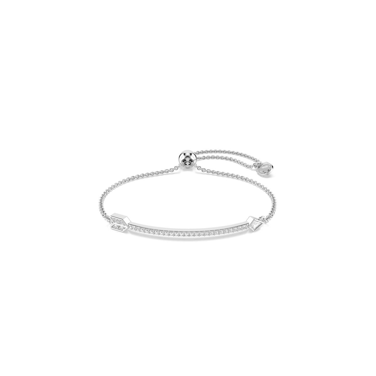 The Swarovski Idyllia bracelet features a slim, curved bar centerpiece adorned with mixed-cut white crystals in an arrow motif and is rhodium plated, with an adjustable sliding bead clasp for the perfect fit. Displayed on a plain white background.